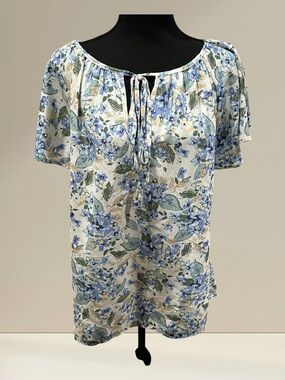 ADORA Floral Blouse - Cream with Blue and Green Floral Accents - Size S